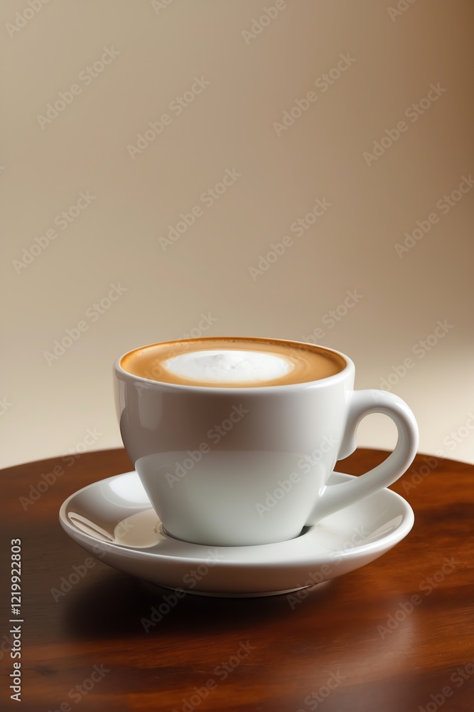 A white coffee cup with frothy latte art on a wooden table. A white coffee cup with frothy latte art on a wooden table.