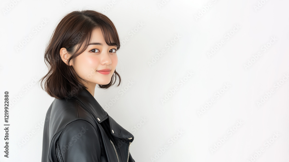 Japanese happy woman wearing black leather jacket smiling isolated on white background Japanese happy woman wearing black leather jacket smiling isolated on white background