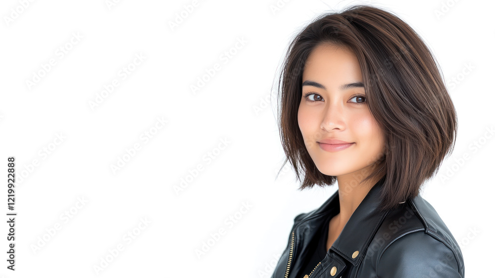 Malay happy woman wearing black leather jacket smiling isolated on white background Malay happy woman wearing black leather jacket smiling isolated on white background