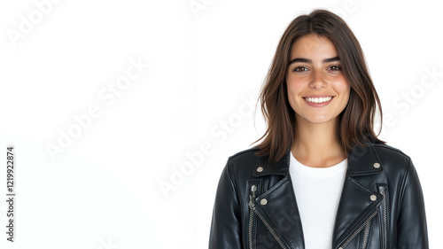 German happy woman wearing black leather jacket smiling isolated on white background