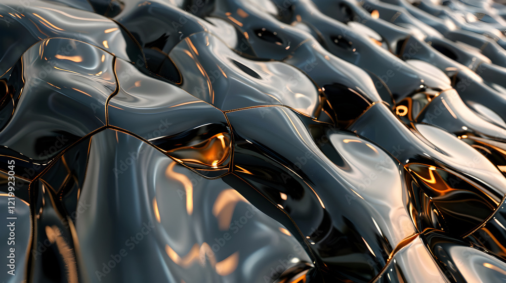 Abstract representation of a fluid, glossy surface with intricate patterns and reflections. Abstract representation of a fluid, glossy surface with intricate patterns and reflections.