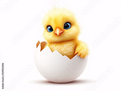 Cute yellow chick hatching from egg with big blue eyes.
