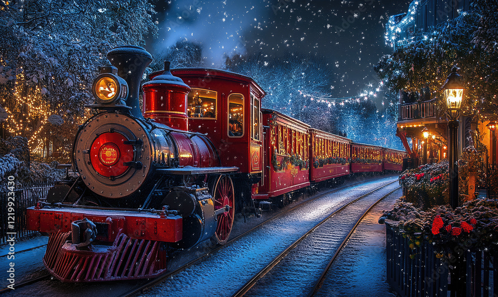 Magical Winter Train Journey at Night with Snowfall and Festive Lights Illustration - Perfect for Christmas Themes and Holiday Cards Magical Winter Train Journey at Night with Snowfall and Festive Lights Illustration - Perfect for Christmas Themes and Holiday Cards