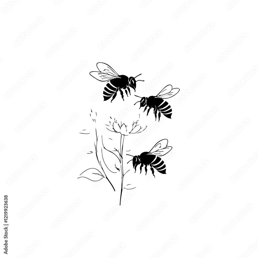 Obraz premium Bees Around Flower Vector Logo Design