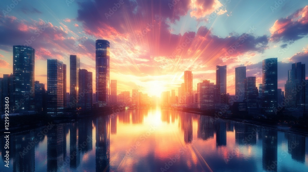 Fototapeta premium Futuristic Cityscape at Sunset with Skyscrapers Reflections in a Smart Financial District for Business and Corporate Templates
