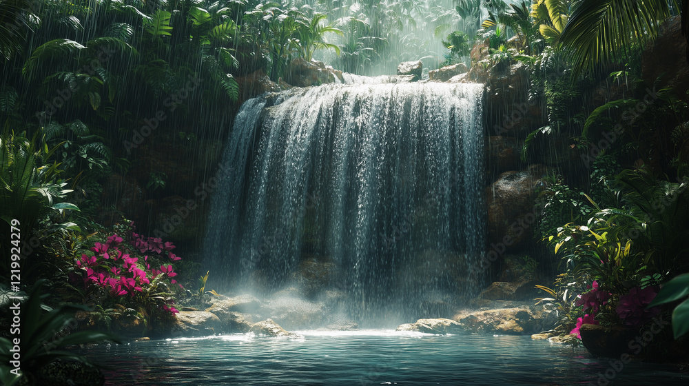 Lush Tropical Waterfall Cascading Through Vibrant Green Jungle Lush Tropical Waterfall Cascading Through Vibrant Green Jungle