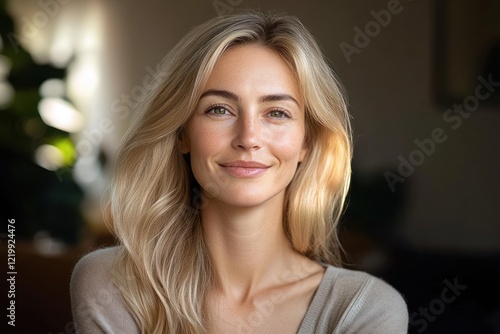 Wallpaper Mural Serene portrait of cheerful blonde woman smiling on sofa in minimalist living room enjoying leisure time at home Torontodigital.ca