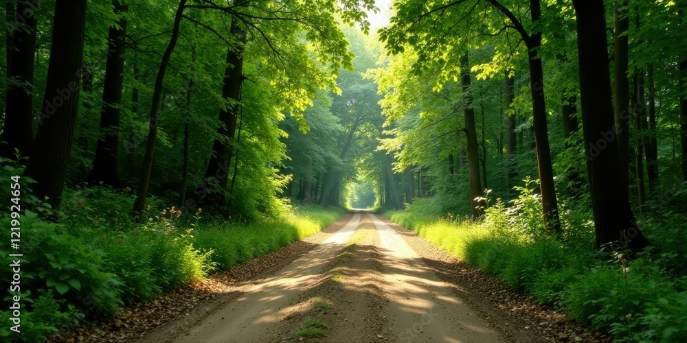 Fototapeta premium Sunlit Path Through Verdant Forest Canopy, Leading to a Serene and Tranquil Destination