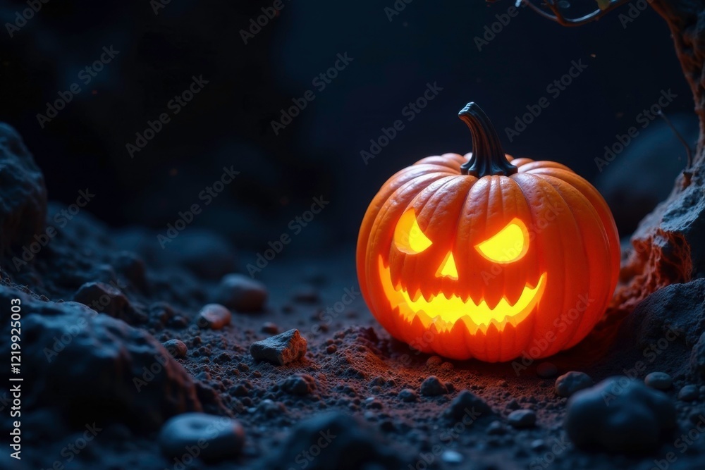 Naklejka premium Crystal pumpkin glowing in the darkness of a cave, mysterious, dark, shadows