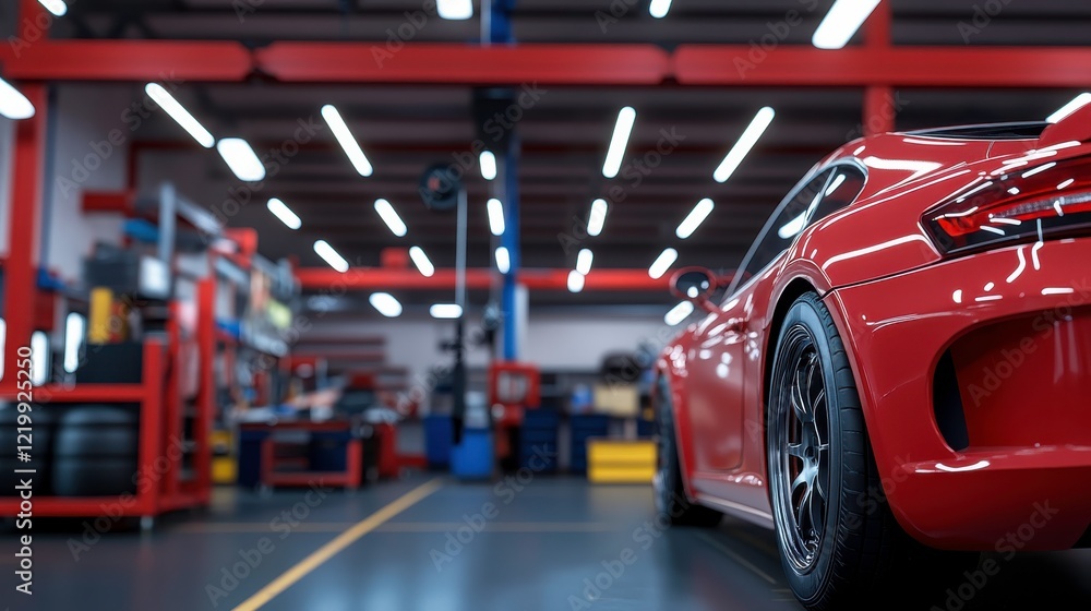 Car in Garage Workshop with Overhead Lighting Car in Garage Workshop with Overhead Lighting