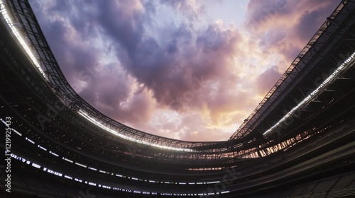 Empty football stadium under dramatic sky, showcasing solitude and anticipation in sports, symbolizing moments of pause before the roar of the crowd returns.