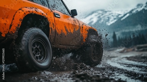 Car Sliding Through Mud on Mountain Road photo