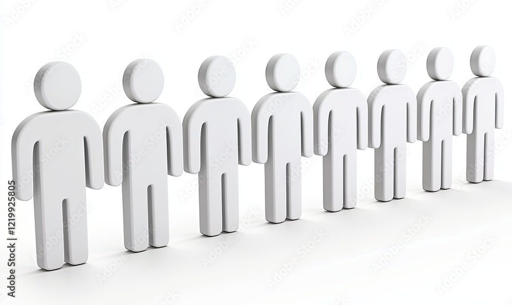 3D white figures standing in line on white background, concept of teamwork or queue 3D white figures standing in line on white background, concept of teamwork or queue