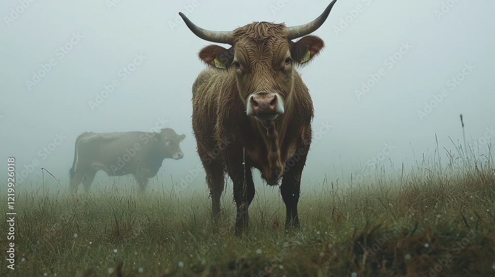 A cow with horns stands in a field of tall grass A cow with horns stands in a field of tall grass