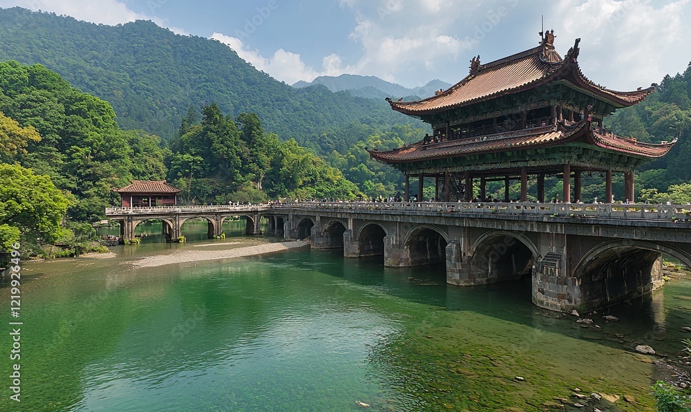 Ancient bridge and pavilion in mountainous landscape with green river