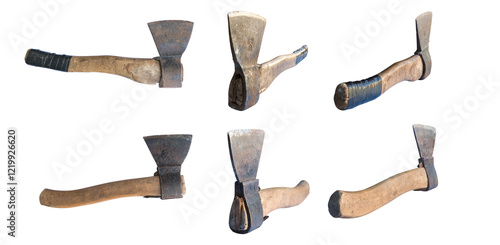 old working axe with rust on the blade from different angles