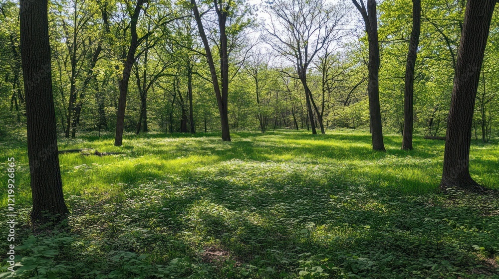 Sunlit Forest Scene: A Tranquil Green Haven