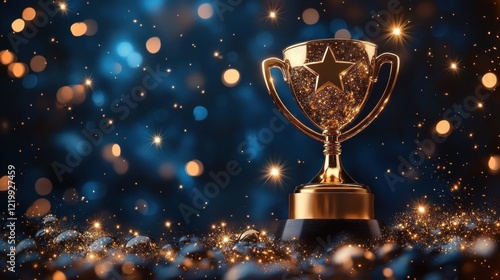 Gold Trophy for First Place Winner with Stars on Blue Background Celebrating Achievement and Success