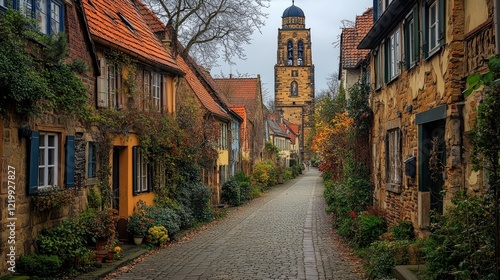 Cobblestone street, autumn town, church tower, Germany, travel postcard