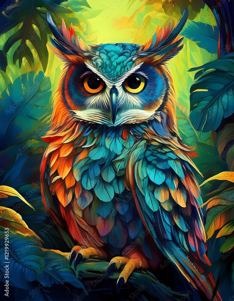Obraz premium Portrait, a owl in a rainforest, vibrant colours, 3D, acrylic painting