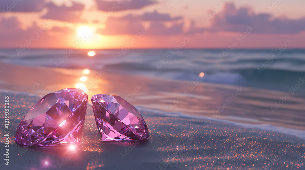 Obraz premium Two pink diamonds on the beach at sunset, with the sand beneath them and the water and sky in the background the diamonds sparkle in the light, creating a beautifu. Diamond Shore. Illustration
