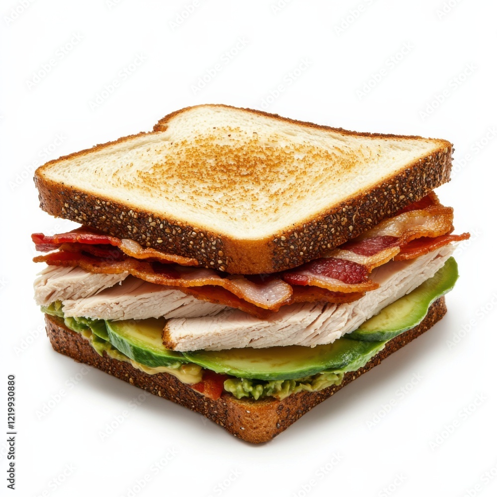 A savory turkey and avocado club sandwich, isolated white background, pop art style A savory turkey and avocado club sandwich, isolated white background, pop art style