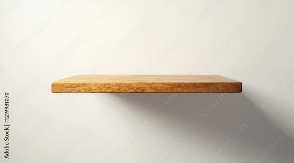Empty light brown wooden shelf on white wall. (2) Empty light brown wooden shelf on white wall. (2)