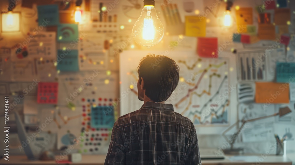 An entrepreneur gestures at a glowing light bulb near a colorful whiteboard filled with creative drawings, set in a sleek, clutter-free workspace. An entrepreneur gestures at a glowing light bulb near a colorful whiteboard filled with creative drawings, set in a sleek, clutter-free workspace.