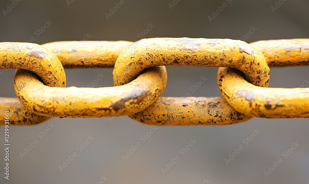 Close-up of weathered yellow chain links against blurred background, ideal for industrial concepts Close-up of weathered yellow chain links against blurred background, ideal for industrial concepts