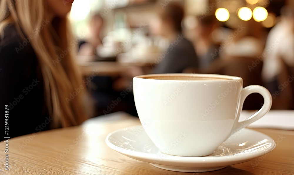 Fototapeta premium Coffee cup on cafe table, blurred woman and patrons in background