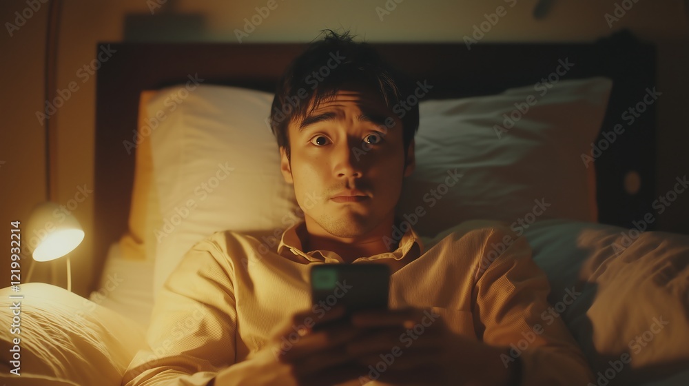 Frustrated Asian man lying on a bed in a dimly lit room, staring at his smartphone. A desk lamp casts a soft glow, reflecting his feelings of stress and disappointment. Frustrated Asian man lying on a bed in a dimly lit room, staring at his smartphone. A desk lamp casts a soft glow, reflecting his feelings of stress and disappointment.