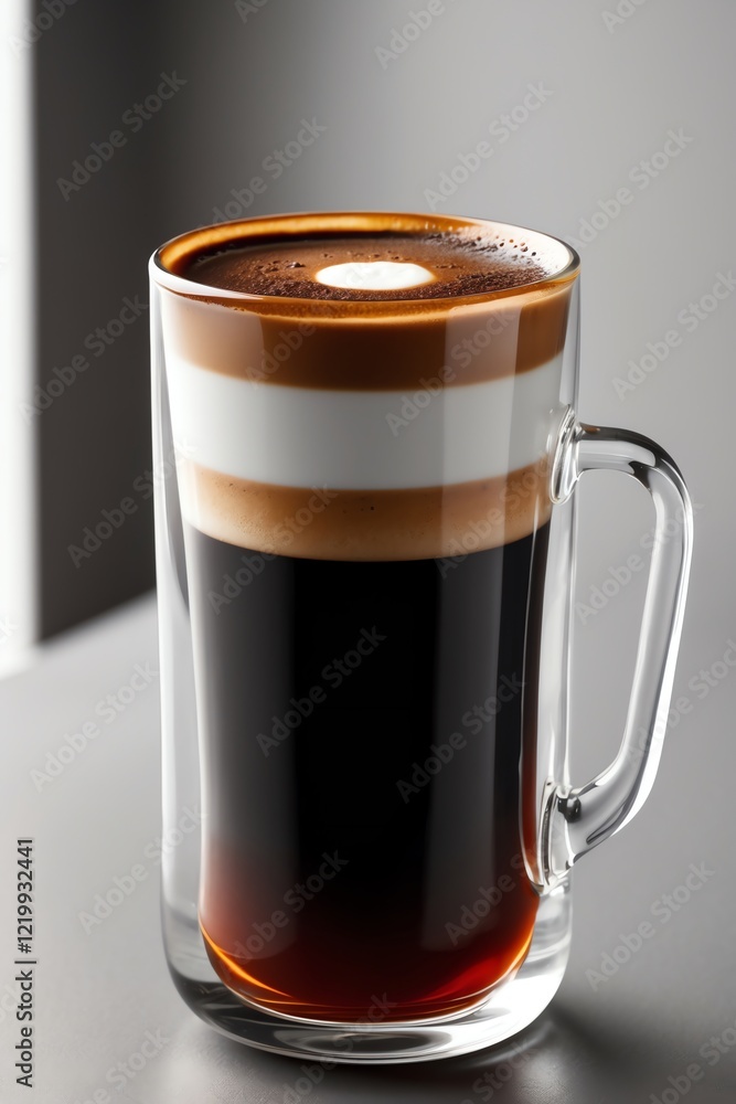 A layered coffee drink in a clear glass showcasing rich colors and textures. A layered coffee drink in a clear glass showcasing rich colors and textures.
