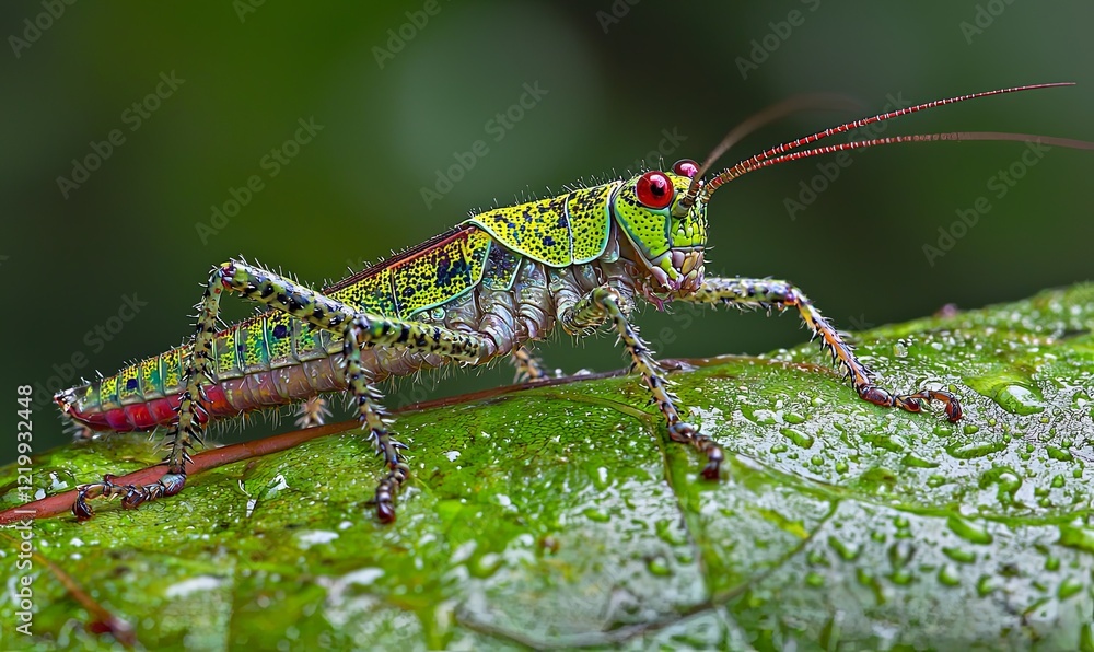 Fototapeta premium Colorful grasshopper on dewy leaf in rainforest