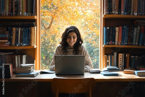 Indian woman student working on laptop in library happy smiling professional cozy warm light portrait educational workplace
