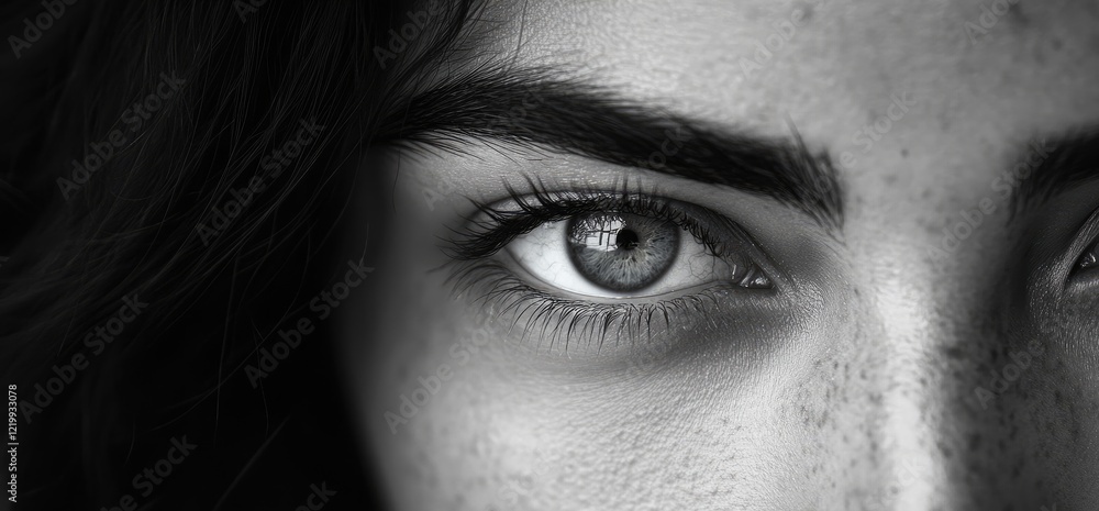 Fototapeta premium Close-up eye, woman, freckles, dark hair, monochrome