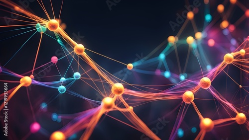 Abstract digital illustration of interconnected glowing spheres and vibrant energy lines, ideal for technology, science, and network concepts.