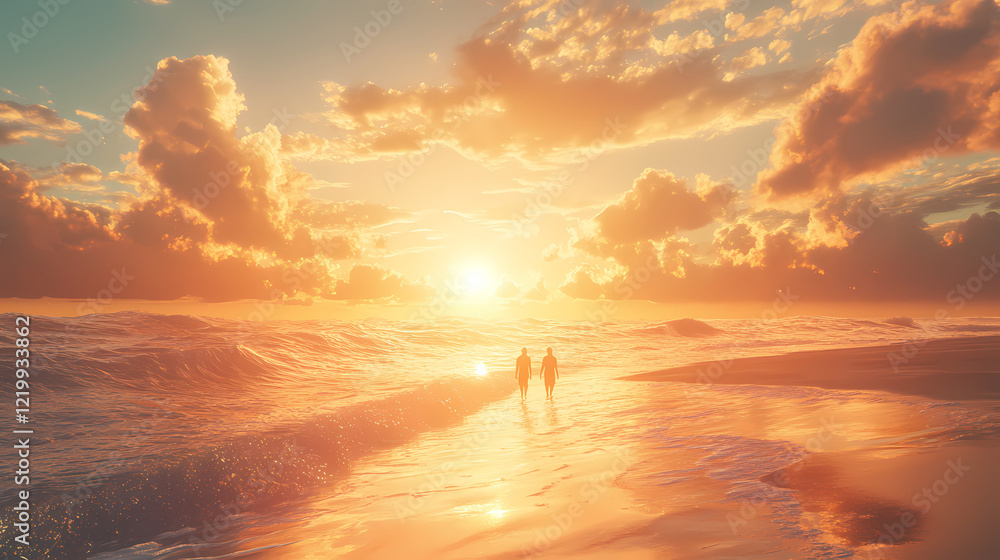 Fototapeta premium Divine sunrise in christianity heaven - tranquil ocean 3d render with angelic figures walking on shore, ultra-detailed illustration. Diamond Shore. Illustration