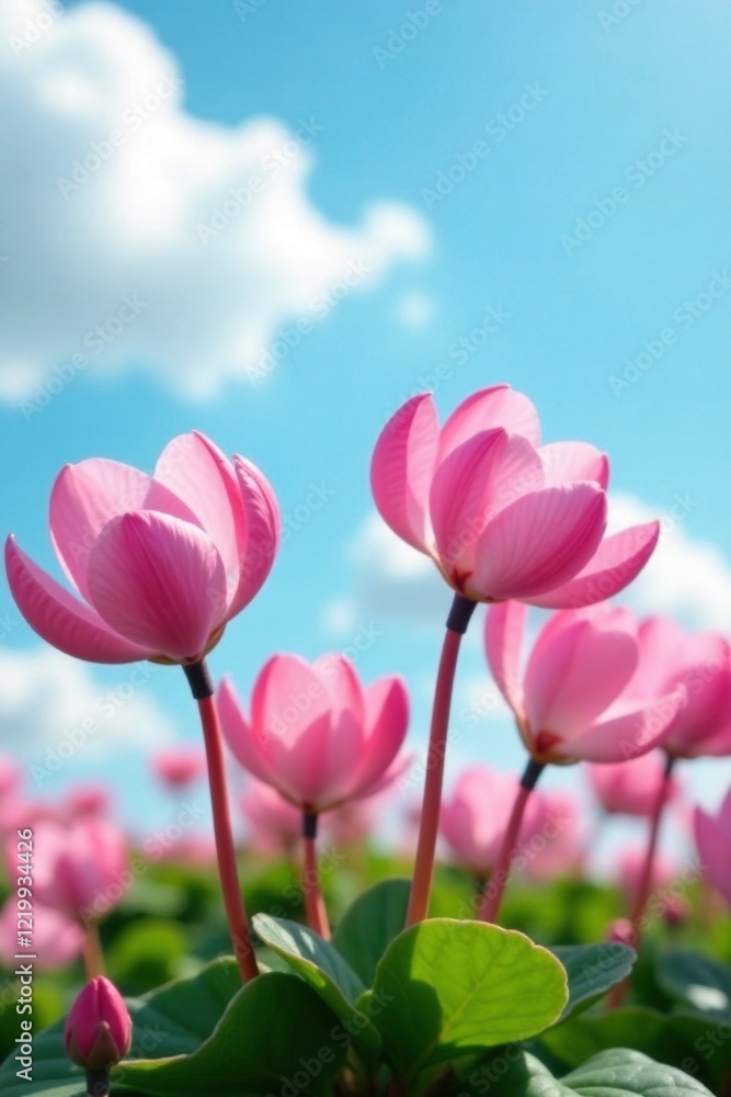 Cyclamen blooms in a sunny spot with soft blue cloudy background, cyclamen, nature, green Cyclamen blooms in a sunny spot with soft blue cloudy background, cyclamen, nature, green