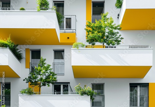 Fototapeta Naklejka Na Ścianę i Meble -  Modern apartment building with vibrant yellow accents and green balconies.  A clean, contemporary design.