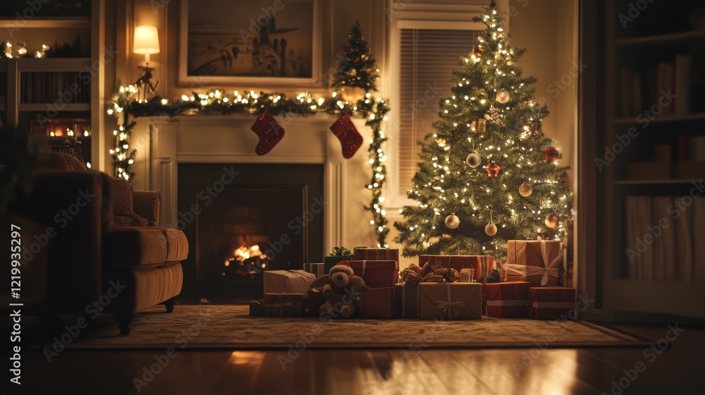 A cozy living room with a Christmas tree and presents A cozy living room with a Christmas tree and presents