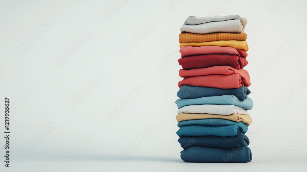 Towering piles of clothes, neatly folded, arranged on a clean white background Towering piles of clothes, neatly folded, arranged on a clean white background