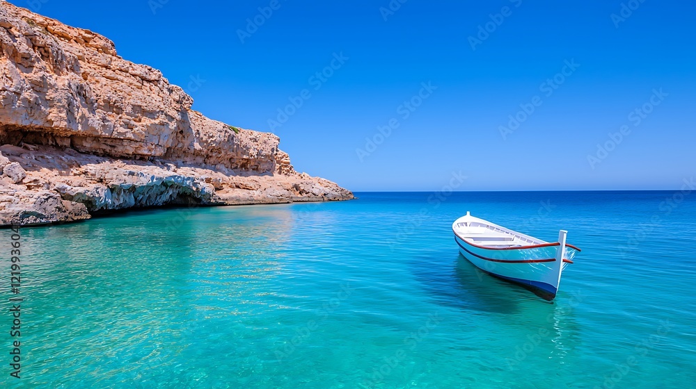 Serene Coastal Scene with a Small White Boat in Turquoise Waters Serene Coastal Scene with a Small White Boat in Turquoise Waters