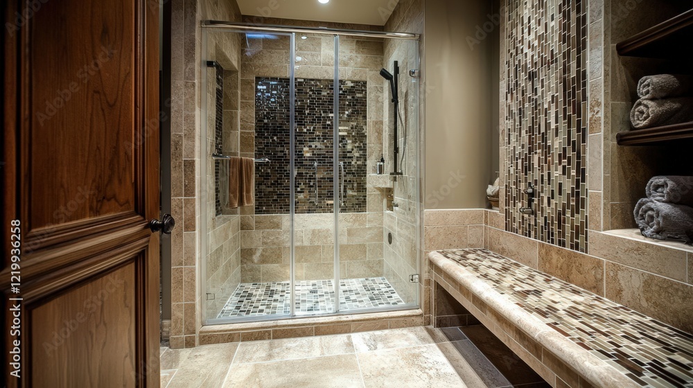 Fototapeta premium A bathroom with a bench and a shower stall