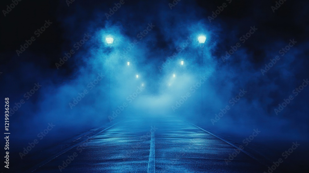 Obraz premium Mysterious Blue Fog on an Empty Street at Night with Soft Glow and Dramatic Shadows