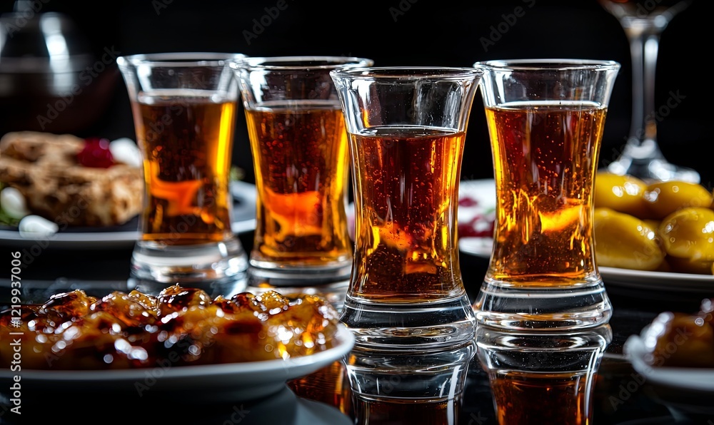 Four liqueur glasses on table with appetizers, olives, and meat dish in background Four liqueur glasses on table with appetizers, olives, and meat dish in background