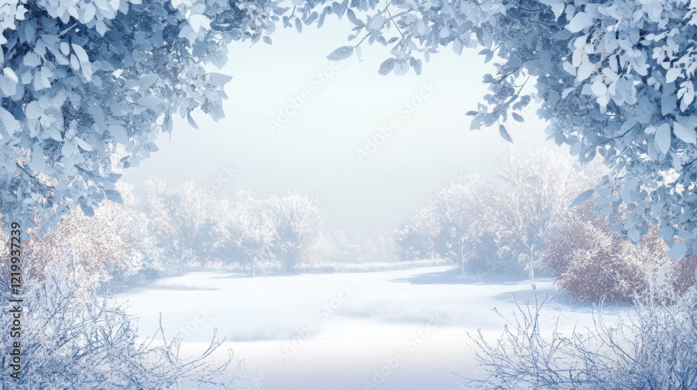 A snowy landscape with a tree in the foreground and a tree in the background A snowy landscape with a tree in the foreground and a tree in the background