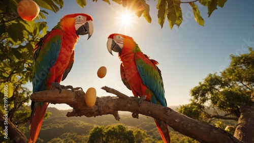 Two vibrant macaws perched on a branch under a bright sun, surrounded by lush greenery and fruit photo