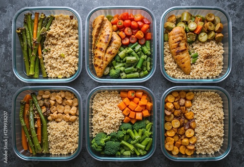 Six square containers hold prepped meals featuring grilled chicken, couscous, and various roasted vegetables. photo