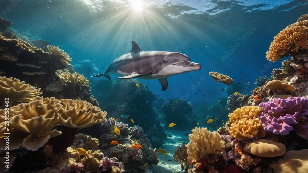 Fototapeta premium Playful dolphin swimming gracefully among vibrant coral reefs in a sunlit underwater scene