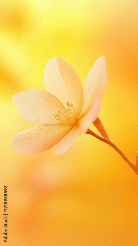 Obraz premium Elegant Photograph of a Single White Flower on a Soft Yellow Background for Botanical Decor and Nature Inspiration